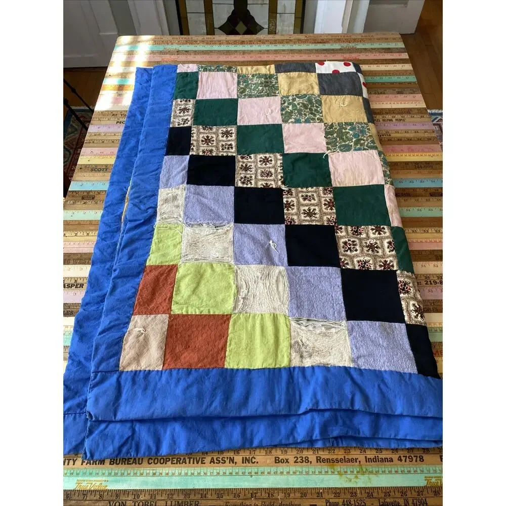 VINTAGE Handmade Patchwork Quilt Blanket Boho Hippie Cottage 70X 50 READ Flaw